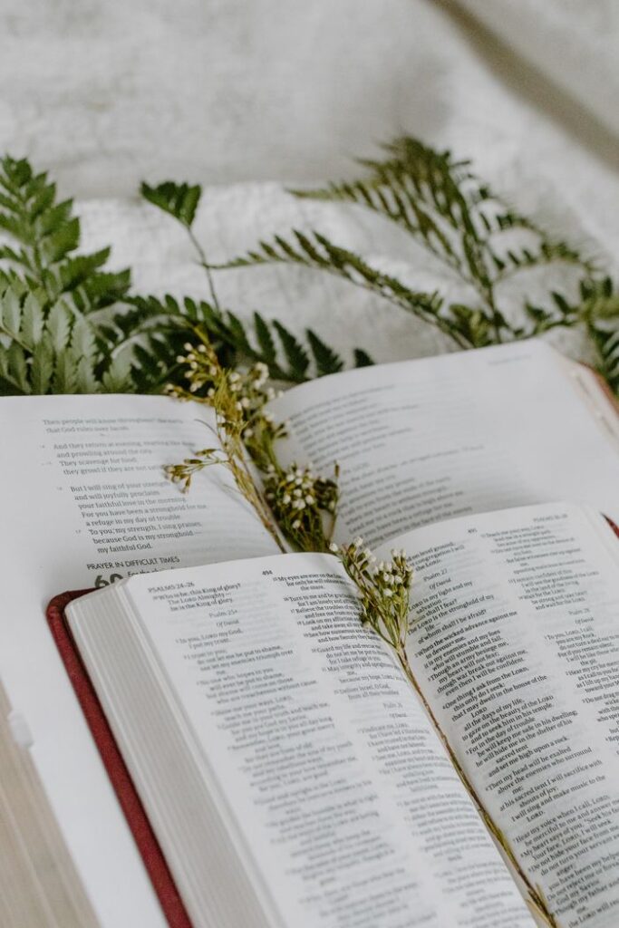 Crafting Captivating Headlines: Your awesome post title goes here Open Bible pages adorned with dried flowers and fern leaves, creating a peaceful spiritual scene.